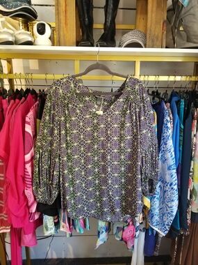 Chelsea & Theodore Purple and Green Printed Peasant Blouse